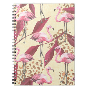 Sömlös tropisk mönster med rosa flamingo, leav anteckningsbok