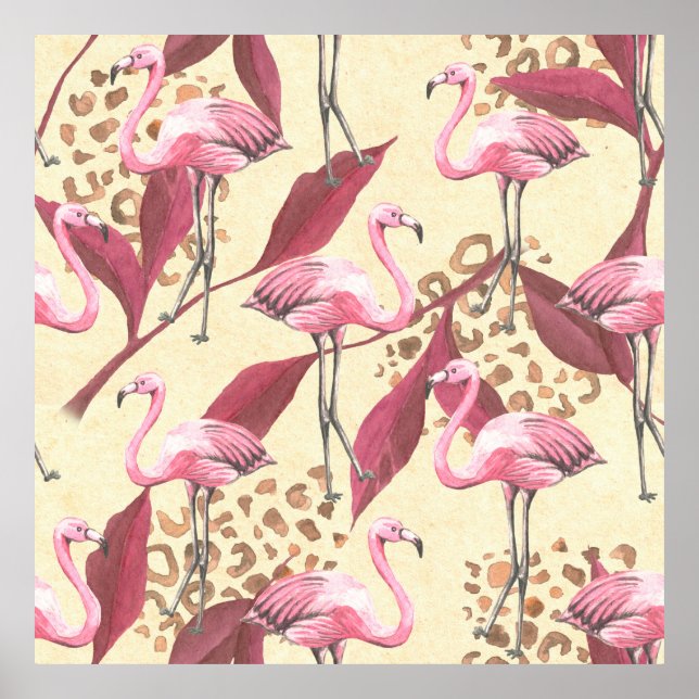 Sömlös tropisk mönster med rosa flamingo, leav poster (Framsidan)