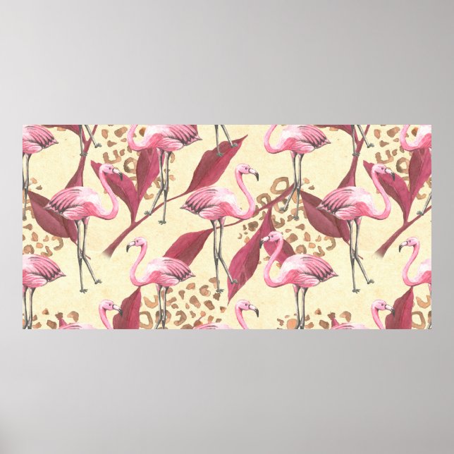 Sömlös tropisk mönster med rosa flamingo, leav poster (Framsidan)