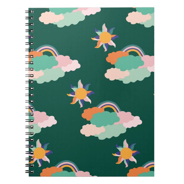 Sömlös utformning av mönster med färgstarka moln o anteckningsbok (Framsidan)