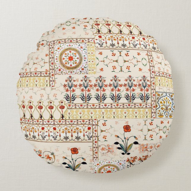 Sömlös, vacker mughal blommigt med etnisk paisl rund kudde (Framsidan)
