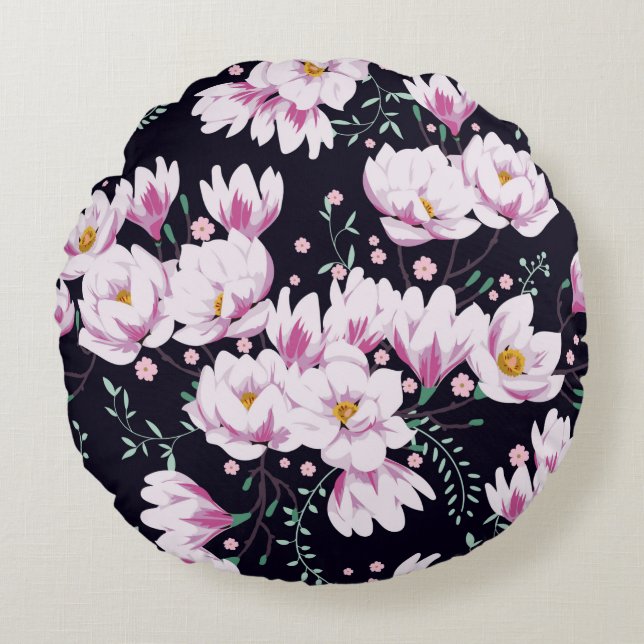 Sömlös vår mönster med magnolias. rund kudde (Framsidan)