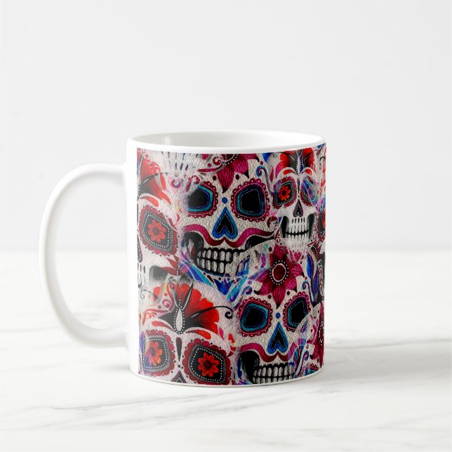 Sömlös vattenfärg mönster i döskallar av socker.  kaffemugg (Vänster)
