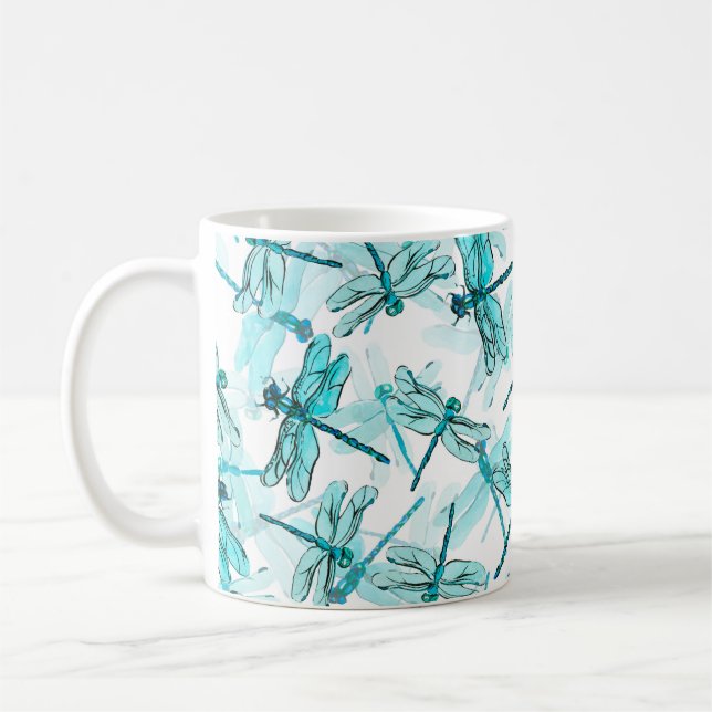 Sömlös vattenfärg mönster med elegant dragonfly kaffemugg (Vänster)
