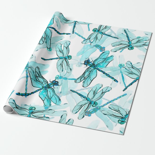 Sömlös vattenfärg mönster med elegant dragonfly presentpapper (Utrullad)