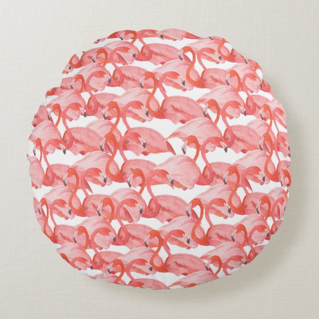 Sömlös vattenfärg mönster med flamingo liten rund kudde (Framsidan)