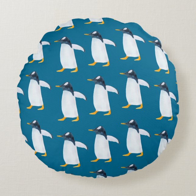 Sömlös vattenfärg mönster med penguin rund kudde (Framsidan)