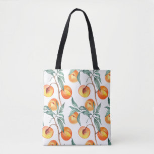 Sömlös vattenfärg mönster med persikor på en vit tygkasse