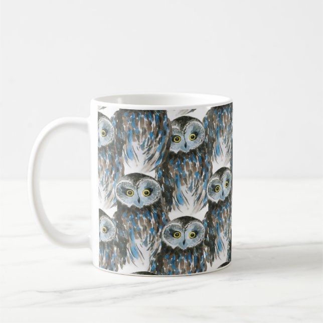 Sömlös vattenfärg mönster med stort uggla kaffemugg (Vänster)