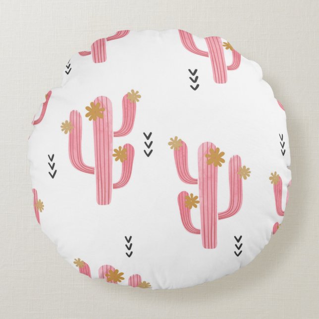 Sömlös vattenfärgsblommar cactus mönster. Vint Rund Kudde (Framsidan)