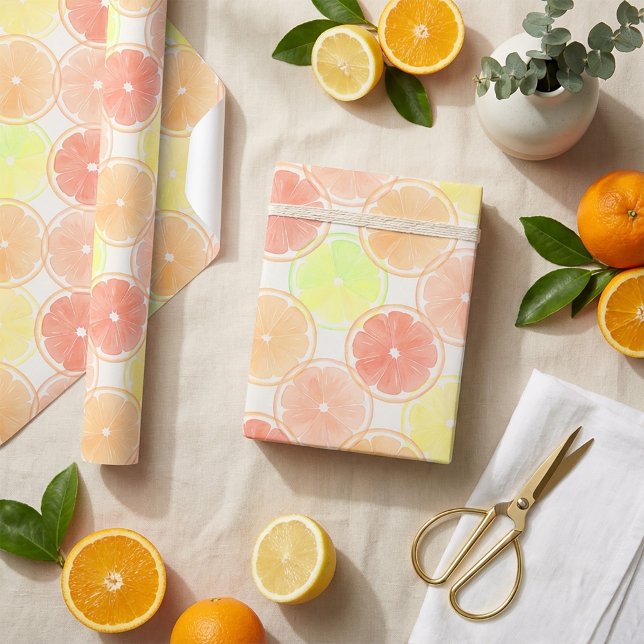 Sömlös vattenfärgssnitt av citrusmönster presentpapper (#citruspattern #watercolorpattern #pastelpattern #fruitpattern #summerdesign #seamlesspattern #surfa)