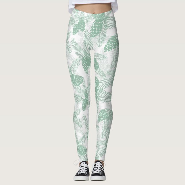 Sömlös vinterjul, grönt gräs-koner, träd pa leggings (Framsida)