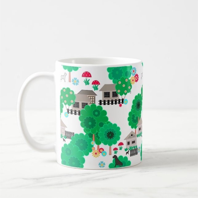 Sömlösa abstrakter tecknader rymmer hundar träd g kaffemugg (Vänster)