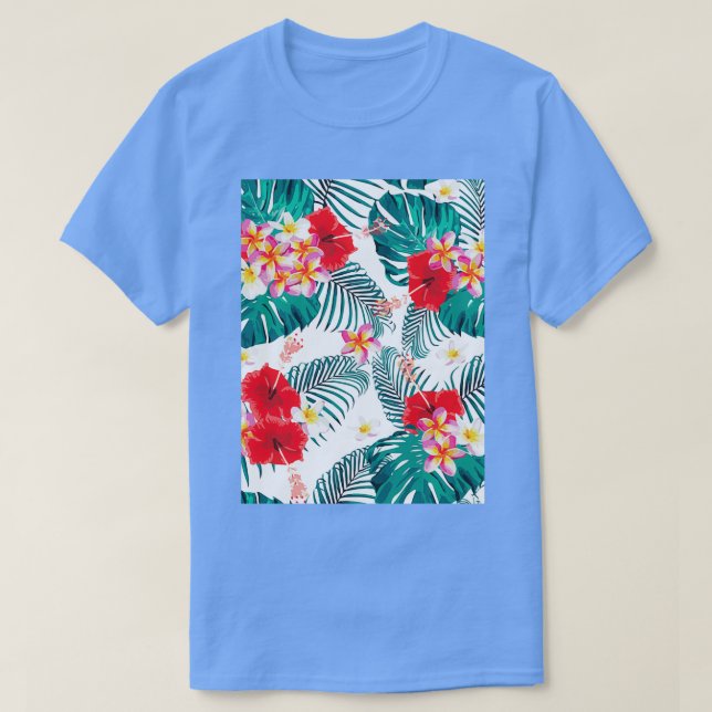 Sömlösa blommonster av mönster frangipani hibiscus t shirt (Design framsida)