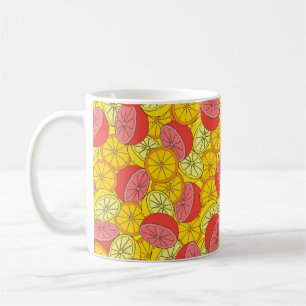 Sömlösa citrusfrukter mönster, många orangar, citr kaffemugg
