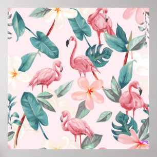sömlösa flamingor och tropiska blommor illustrati poster