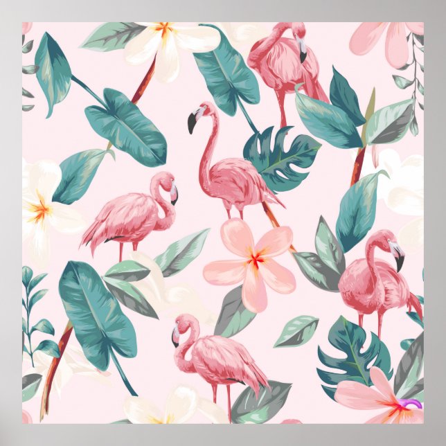 sömlösa flamingor och tropiska blommor illustrati poster (Framsidan)