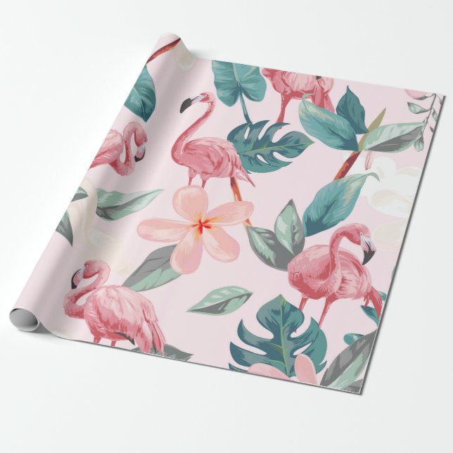 sömlösa flamingor och tropiska blommor illustrati presentpapper (Utrullad)