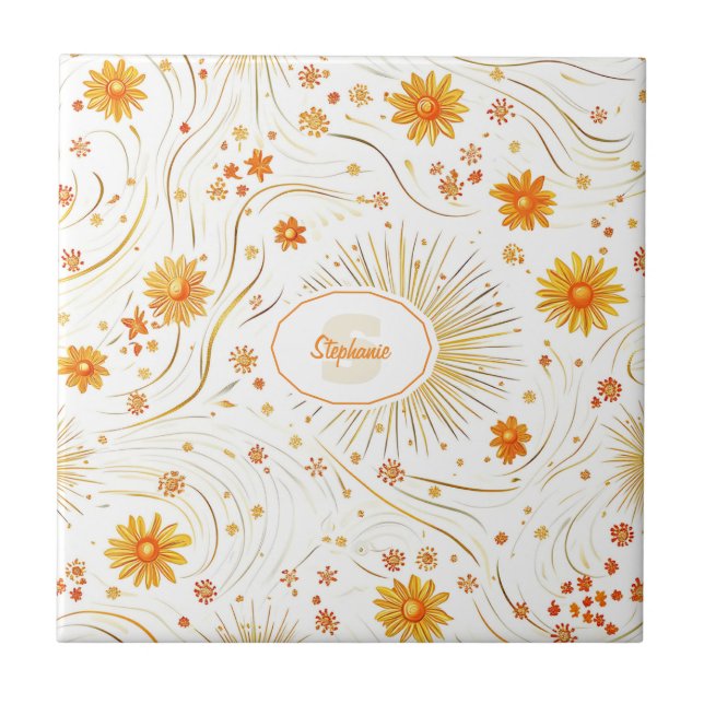 Sömlösa Golden Sol & Rays - med Abstrakt Star Kakelplatta (Framsidan)