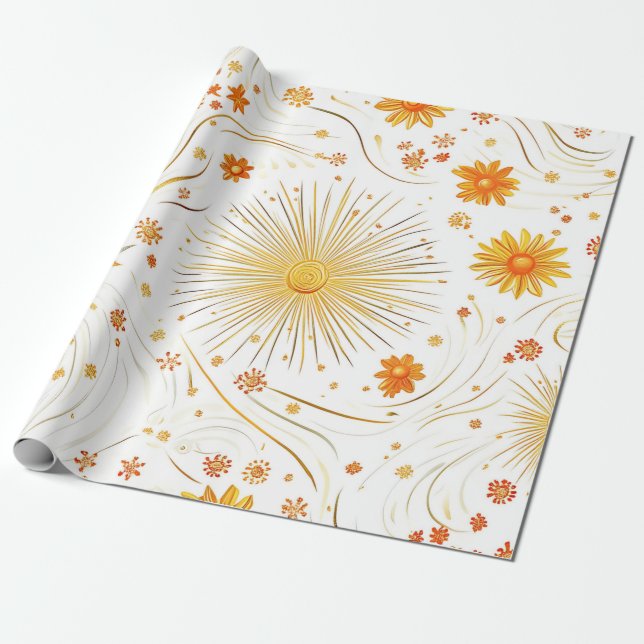 Sömlösa Golden Sol & Rays - med Abstrakt Star Presentpapper (Utrullad)