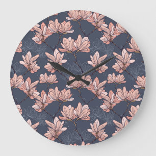 Sömlösa japanska magnolia-blommor, vintage stil stor klocka