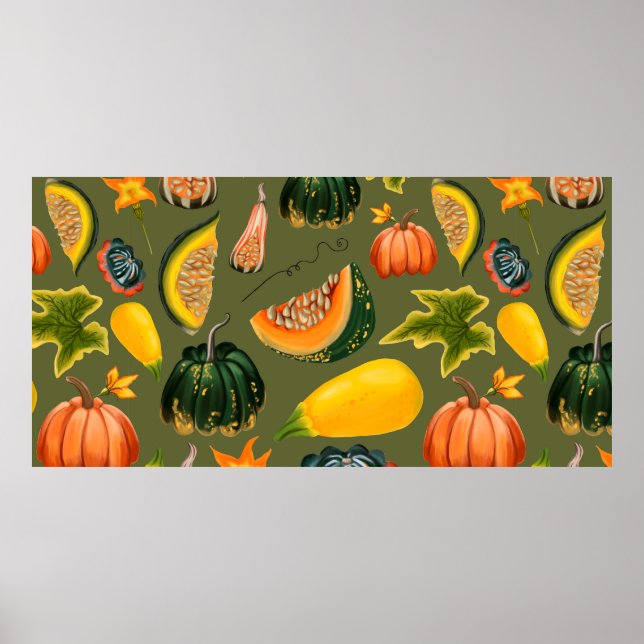 Sömlösa mönster av pumpor och löv på en grönt poster (Framsidan)