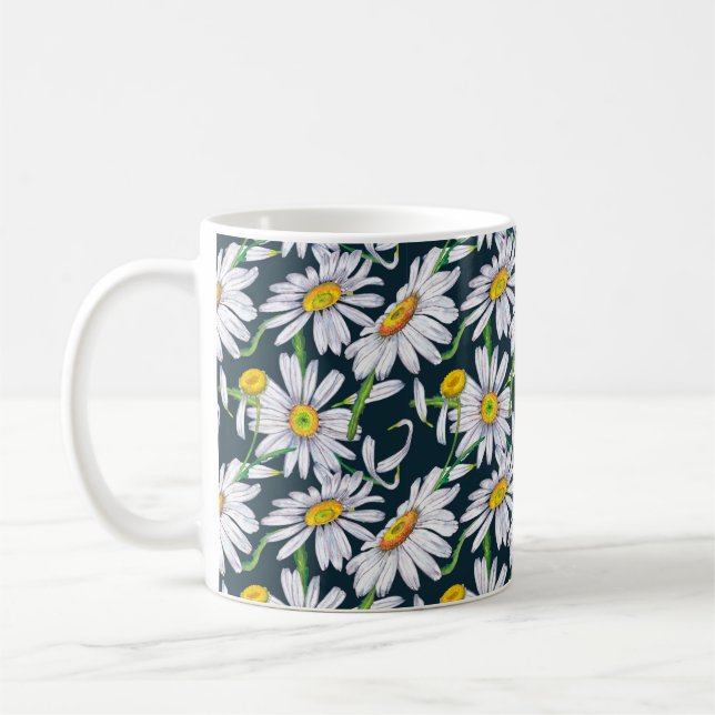 Sömlösa mönster av stora kamomill, blad och blad  kaffemugg (Vänster)