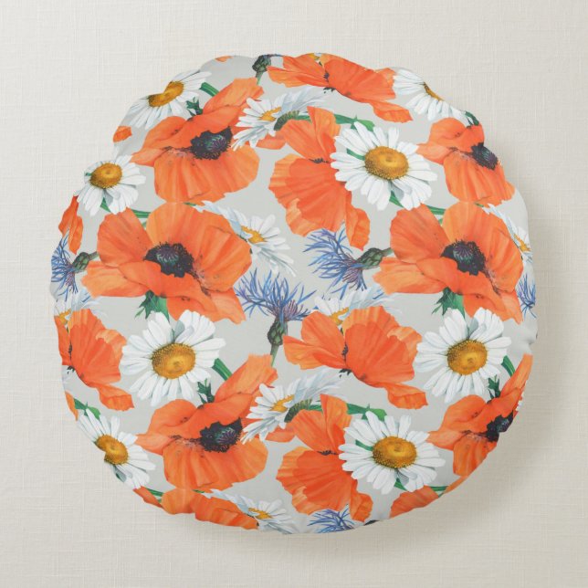 Sömlösa mönster av vallmo, daisy och kock rund kudde (Framsidan)