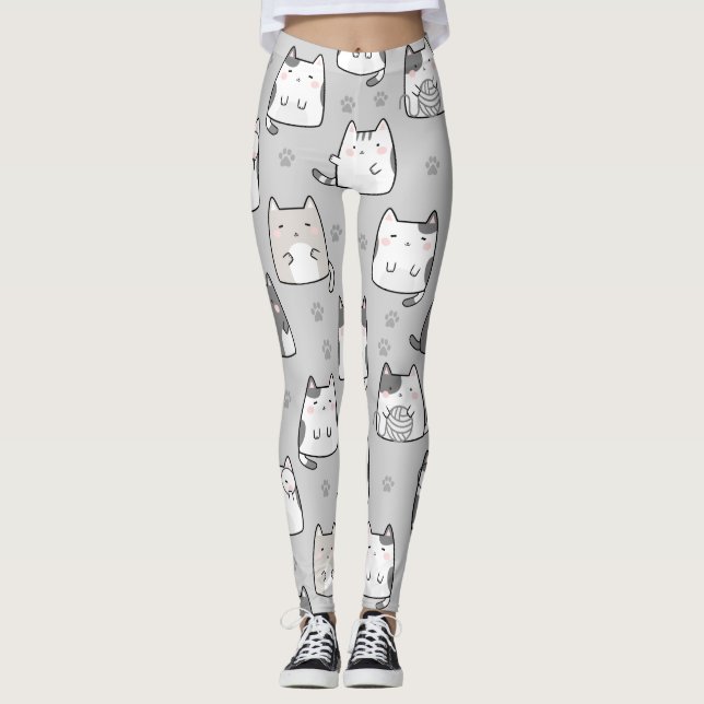 Sömlösa Mönster Cute Kawaii Cats Leggings (Framsida)