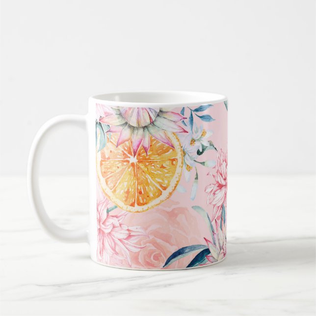 Sömlösa mönster i krysanthemum, orange och Bloo Kaffemugg (Vänster)