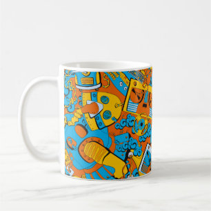 Sömlösa mönster, robotar och band från old school kaffemugg