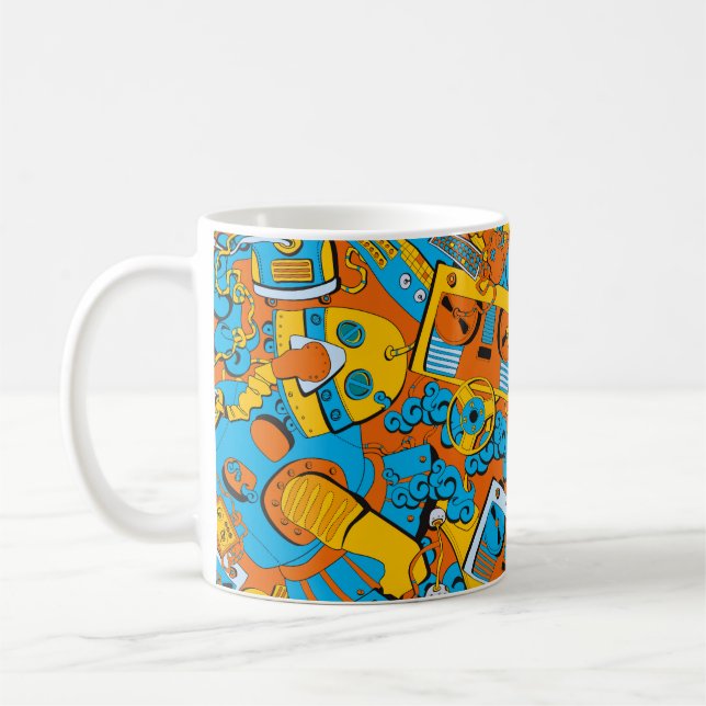 Sömlösa mönster, robotar och band från old school kaffemugg (Vänster)