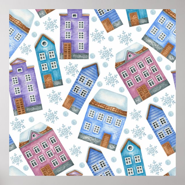 Sömlösa mönster som skildrar vinter- och snöhus poster (Framsidan)