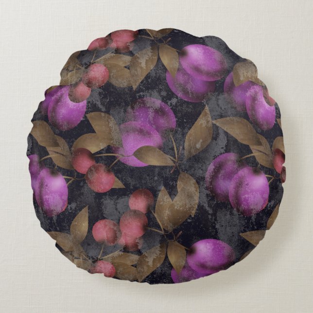 Sömlösa plommonfrukter av mörk lila cherry pa rund kudde (Framsidan)