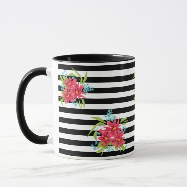 Sömlösa rosa blommor blommig svart vit randig l mugg (Vänster)