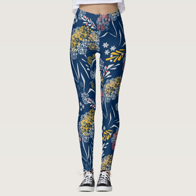 Sömlösa små blommor blommönster marin vi leggings (Framsida)