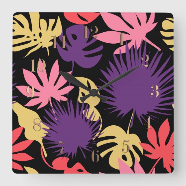 Sömlösa tropiska löv mönster fyrkantig klocka (Framsida)