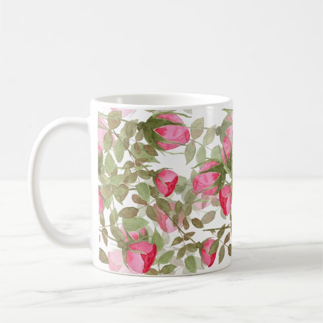 Sömlösa vattenfärgblommor rosa ros blommigt roma kaffemugg (Vänster)