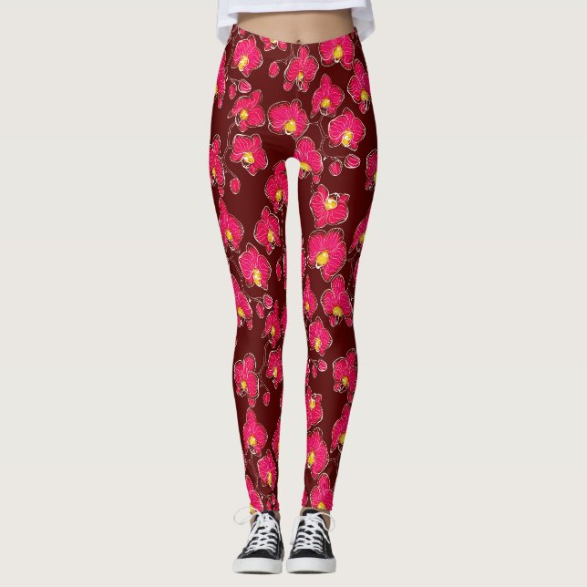 Sömlösa vattenfärgsorkidor phalaenopsis blomma leggings (Framsida)