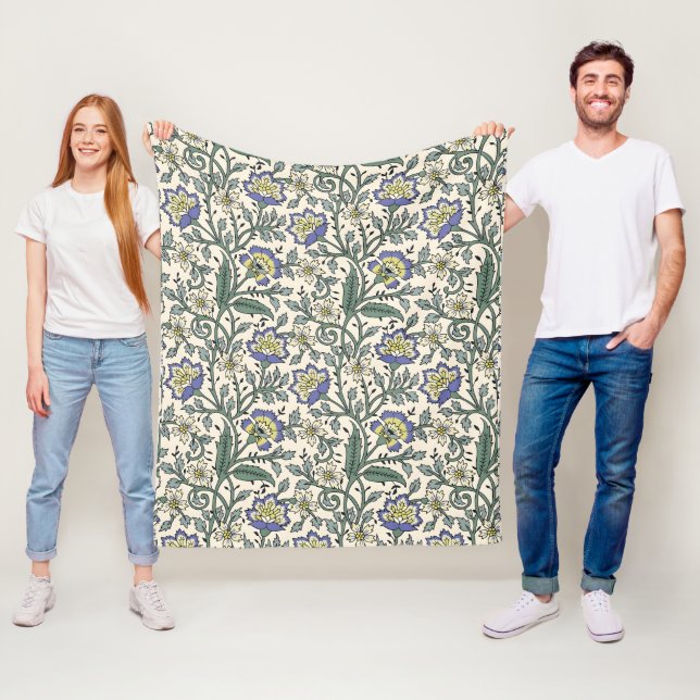 Sömlöst blått, gult och vitt blommönster  fleecefilt (På plats)