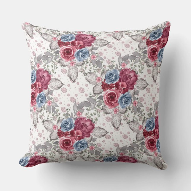 Sömlöst Blommönster - Dusty Blue och Burgundy  Kudde (Framsida)
