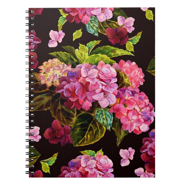 Sömlöst blommönster. Hydrangea på en mörk  Anteckningsbok (Framsidan)