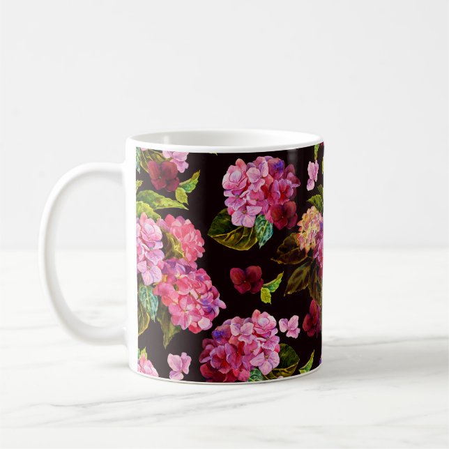 Sömlöst blommönster. Hydrangea på en mörk  Kaffemugg (Vänster)