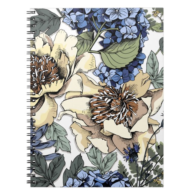 Sömlöst blommönster. Hydrangea, Peony, wildf Anteckningsbok (Framsidan)
