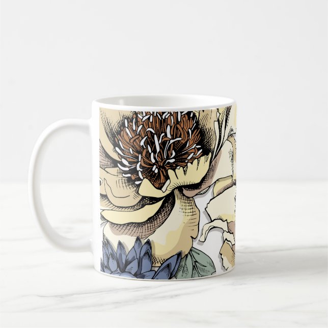Sömlöst blommönster. Hydrangea, Peony, wildf Kaffemugg (Vänster)