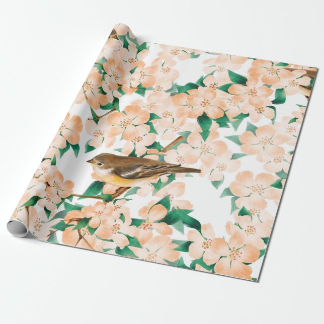 Sömlöst blommönster med fåglar presentpapper (Utrullad)