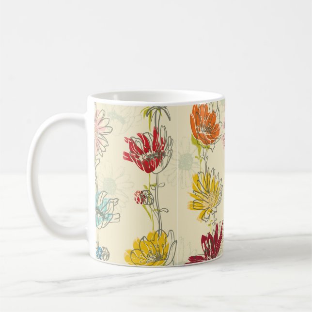 Sömlöst Blommönster med handdragna blommor Kaffemugg (Vänster)