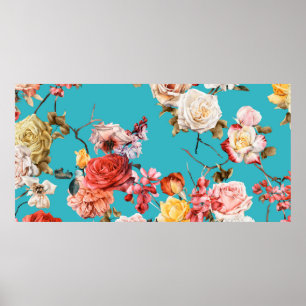 Sömlöst blommönster med ro, vattenfärg. fl. poster