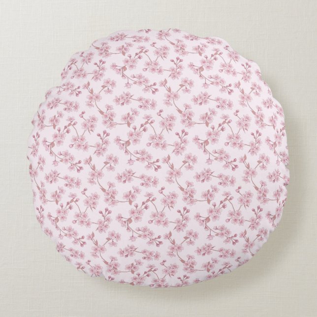 Sömlöst blommönster med rosa körsbärsblommor rund kudde (Framsidan)