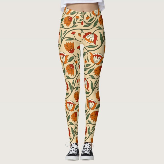 Sömlöst blommönster på beige bakgrund leggings (Framsida)